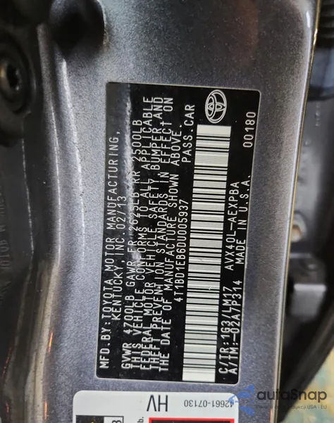 2013 Toyota Avalon Hybrid from USA, damaged, VIN 4T1BD1EB6DU005937